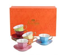 Artvigor, Porzellan Kaffeeservice, Bunt 12 teilig Kaffee Set, mit je 6 Kaffeetassen 150 ml und Untertassen, Herz-Design