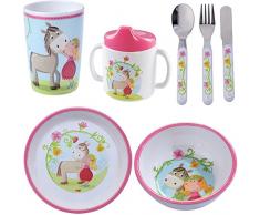 HABA Melamin Geschenkset Vicky Pirli 5-teilig Mädchen Taufgeschenk Trinklerntasse Becher Schüssel Teller Kinderbesteck Pferd