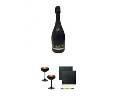 Scavi & Ray Valdobbiadene DOCG 0,75 Liter + Sektschale/Champagnerschale Stölzle 2 Gläser - Olympic Serie MATT-SCHWARZ BRONZE 2739408 + Schiefer Glasuntersetzer eckig ca. 9,5 cm Ø 2 Stück