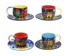 Gall&Zick Set/4 Espressotasse mit Untertasse Mokkatasse Untersetzer Unterteller Tasse Kaffeetasse Teetasse Geschirr Set Keramik Bemalt Bunt Village Design