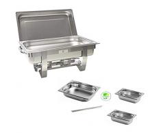 Gastro-Bedarf-Gutheil Chafing Dish Speisenwärmer bestehend aus: 1 Gestell mit Deckelhalterung, 1 Wasserbecken 4 Speisebehälter 2 x GN 1/4 + GN 1/2 + GN 1/1 - Tiefe 65 mm
