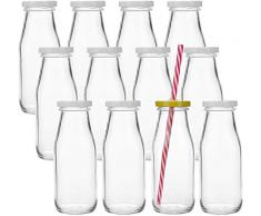 Lawei 12er Pack Glasflaschen Trinkflaschen mit Schraubverschluss Trinkglas Vintage Milchflaschen Saftflasche Wiederverwendbar - Inkl. 24 Deckel & 12 Strohhalm, 325ml