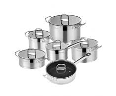 Velaze Kochgeschirr-Set Edelstahl Topf- & Pfannenset, induktionsgeeignet, Stielkasserolle, Kasserolle, Pfanne mit Glasdeckel ... Besteck 12 Stück