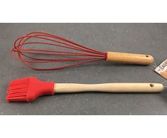 Easyline 2-teiliges Küchen- und Back Set – Silikon Schneebesen und Pinsel mit Holzgriff (Rot)