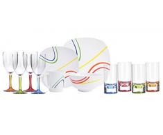 Melamin-Geschirr Color Line Weiss eckig16 TLG für 4 Personen + 4 Weingläser u. 4 Tumbler/Wassergläser aus Acryl Camping-Geschirr Tafel-Service Picknik Trekking Outdoor (4 Pers. / 24-teilig)