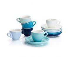 Sweese 401.003 6-teilig Espressotassen Set aus Porzellan, Dickwandige Kaffeetassen mit Untertasse, 75 ml, Blaue Serie