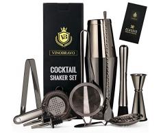 11-Teiliges Boston Cocktailshaker/Cocktail Mixer Set von VinoBravo: 2 gewichtete Cocktail Shaker, Barsieb-Set, Doppeljigger, Barlöffel, Barstößel & Tong, 2 Spirituosenausgießer & Cocktailrezeptbuch