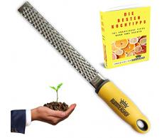 Rummershof Premium Zester Küchenreibe gelb: Parmesanreibe, Zitronenreibe, Muskatnuss Reibe, Ingwerreibe - inkl. Schutzhülle und E-Book101 Praktische Kochtipps + ein gepflanzter Baum