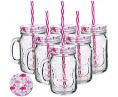 My-goodbuy24 Trinkgläser Trinkbecher - 6er Set Flamingo weiß - mit Henkel und Strohhalm - große Auswahl - 450ml - in verschiedenen Designs - Trinkglas - Cocktail Glas - Gläser