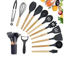 RAIN QUEEN 13 Pcs Küchenhelfer Set Silikon Kochgeschirr Set Silikon Küchenutensilien aus Holzoptik Hitzebeständig Kochbesteck Hochwertige Hitzebeständige Antihaft Topf Löffel Schneebesen (Schwarz)