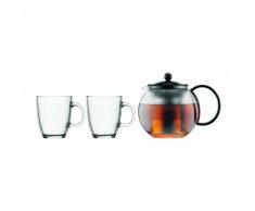 Bodum K1805-01 Assam Set, Teebereiter mit Edelstahlfilter 1 L und 2 Stück Tasse, Glas, 0,35 L, schwarz