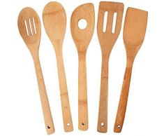 Qinlee 5 Stücke Set Küchenhelfer Set Bambus Kochbesteck Kochen Braten Dünsten und Zubereiten Kochlöffel