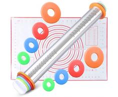 WisFox Antihaft-Fondant-Nudelhölzer mit verstellbaren Scheiben und Maßmarkierung + Silikon-Back-Rollmatte für Gebäck-Rolling-Backteig-Pizza-Kekse
