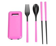 Dgtrhted Im Freien beweglichen Picknick Camping-Gabel-Löffel-ESS-Stäbchen Utensil dreiteilig Geschirr (Rose Red)