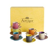 Artvigor, Porzellan Kaffeeservice, 12 TLG. Kaffeetassen Set, mit 6 Espressotassen 80 ml, 6 Untertassen, Mehrfarbig