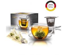 Creano XXL Teetasse mit Henkel Jumbo mit integriertem Edelstahlsieb, Deckel und Untersetzer im Set mit 2 ErblühTeelini, 450ml