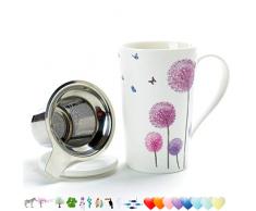Teetasse (510 ml) mit Filter und Deckel, Mama Dad Women Travel Teegeschirr mit Löscherzierpfanne, Becher Steeper Maker, Brühsieb für Loseblatt, Diffusor für Liebhabergeschenk Teetasse Porzellan