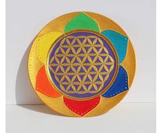 Wandteller mit Blume des Lebens in Chakra Farben, Lebensblume Regenbogen Dekoration, Deko Tablett Rund, Boho Hochzeit Geschenk, INaCHI Glückabringer Design-Serie