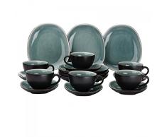 Van Well Elements 18-TLG. Kaffeeservice | Kaffeetasse + Untertasse + Kuchenteller | edle Geschirr-Kollektion | Steingut glasiert | Farbe:grün-schwarz