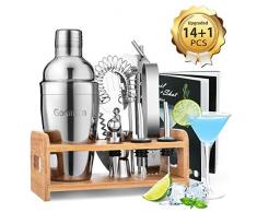 Cocktail Set, Godmorn Edelstahl Cocktail Shaker Set, 15 Teiliges Barkeeper Set mit Bessere Bambus Ständer, Rezeptbuch, Messbecher und Bar Löffel, 550 ml Cocktail Geschenk Set für Zuhause oder die Bar