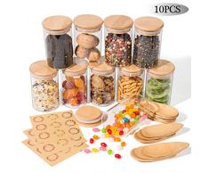 Yangbaga Vorratsgläser mit Bambus-Deckel und Löffel 10er Set, Luftdicht Glasbehälter mit Etikettenpapier, für Getreide, Trockenfrüchte, Nüsse oder Snacks, 270ml
