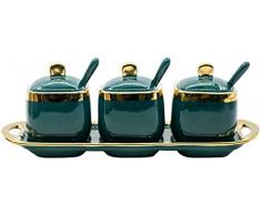JWCN Gewürzdose Gewürzglas Gewürzregal Gewürzflasche 3er-Set Küchengeschirr Keramikzuckerschalen Gewürztöpfe Gewürzdosen Gewürzdose Set mit Deckel Löffel und Tablett-Sets von 3-Quadrat Uptodate
