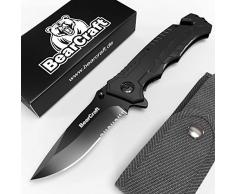 BearCraft Klappmesser schwarz mit **GRATIS eBook** | Scharfes Outdoor Survival Taschenmesser mit Wellenschliff | Kleines Einhand-Messer mit Edelstahlklinge und Aluminiumgehäuse