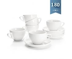 Sweese 402.001 6-teilig Cappuccinotassen Set aus Porzellan, Dickwandige Kaffeetassen mit Untertasse, 180 ml
