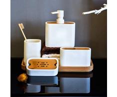 Satu Brown Badezimmer Set, 5-teiliges, Bad Zubehör Set aus Polyresin und Bambus, Seifenspender, Zahnputzbecher, Seifenschale, Tablett, Natur-Weiß