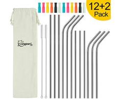 longzon Edelstahl Strohhalm, 12er Set Metall Trinkhalme Wiederverwendbar Edelstahl Strohe mit 2 Reinigungsbürsten, Silikonspitzen, Gebogene und Gerade Strohhalme (21.5+26.5cm)