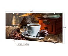 Spritzschutz Glasbild für die Küche Kaffeetasse Bohnen Kaffeemühle Mühle alt (100x50cm)
