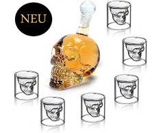 amzdeal Totenkopf Schnapsgläser Set, Whiskyglas 350 ml und 6 Schädelförmige Weingläser 75ml, Doppelschicht-Transparentes Schädelglas, Weinflasche bei Halloween, Weihnachten, Party und Geschenk