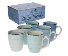 MamboCat 6-TLG. Kaffeebecherset Blue Baita Blautöne 350 ml Steingut-Tassen rund Trink-Becher für Heiß-Getränke Tee-Pott abstraktes Strudel-Dekor Geschirr