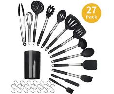 Küchenhelfer Set 27 teiliges Silikon Kochgeschirr Set Küchengerät Küchenzubehör Antihaft Hitzebeständiger Silikonspatel 14 Sätze und 13 S-Haken Küchenutensilien mit Edelstahlgriff Schwarz