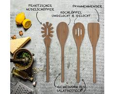 BASIL | Bambus Kochbesteck im 4er-Set | zum Kochen, Braten, Dünsten und Zubereiten | Kochlöffel - Nudelschöpfer - Pfannenwender - Küchenschaber - Salatbesteck - Küchenbesteck | inkl. Pflegeanleitung und Zufriedenheitsgarantie