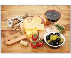 Wallario Wandbild Genuss am Abend - Rotwein, Käseplatte, Oliven und Tomaten in Premiumqualität mit schwarzem Rahmen, Größe: 70 x 100 cm