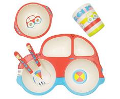 ASBYFR Kinder Geschirr Set aus Bambus 5 teilig, Kindergeschirr Set, Bambus Besteck Set Genehmigt von der FDA, Sicher Kinder Besteckset BPA Frei und Spülmaschinenfest (Auto)
