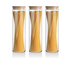 ComSaf 1400ml Luftdichter Vorratsglas 3er-Set, Φ8cm Spaghetti Glasbehälter Vorratdosen aus Borosilikatglas mit Bambus-Deckel für Lebensmittel Spagetti Nudeln Getreide