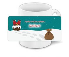 Lustige Weihnachtstasse mit Namen Norbert und lustigem Motiv mit Weihnachtsmann im Schornstein