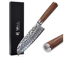 Wakoli Nußbaum Damastmesser Santokumesser - sehr hochwertiges sehr scharfes Profi Santoku Messer mit Damast Klinge 17,5 cm, Küchenmesser, Kochmesser