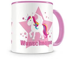 Samunshi® Kinder-Tasse mit Namen und einem großen Einhorn als Motiv Bild Kaffeetasse Teetasse Becher Kakaotasse Nr.1: rosa H:95mm / D:82mm