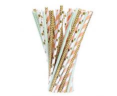 eBoot Blume Papier Trinkhalm Biologisch Papier Stroh, 100 Stück, Gold, Grün und Orange