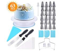 Ninonly 63Pcs Tortenplatte Drehbar Tortenständer Kuchen Drehteller Sprühdüsenset Kuchenzubehörset mit Edelstahldüsen,Tortenmesser, Teigschaber, Spitze Koppler Tortenmesser für Backen Gebäck