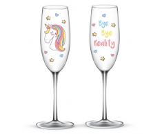 EinhornLiebe® Sektgläser Set Einhorn Glas Bye Bye Reality für Champagner oder Sekt 2 Stück im Geschenk Karton