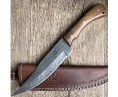 Hobby Hut HH-402, 27.9 cm damaststahl Jagdmesser mit Scheide, Bushcraft, damastmesser jagdmesser, feststehende Full Tang Klinge, Extra Scharf,Camping Messer,Walnuss Holzgriff, Scheide aus Leder
