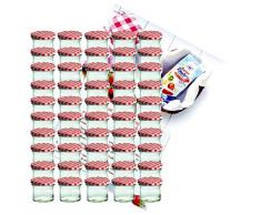 MamboCat 50er Set Sturzglas 125 ml Marmeladenglas Einmachglas Einweckglas to 66 rot Karierter Deckel incl. Diamant-Zucker Gelierzauber Rezeptheft
