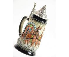 Amoy-Art Bierkrug Bierkrüge mit Gravur Deckel Steinkrüge Bierseidel Handgemacht Beer Stein Geschenk Souvenir Pferdekutsche und Kirche Relief Beer Mug Food Safty Geschenkbox Ceramic 0.8 Litre