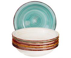 MamboCat Teller-Set Rimini für 6 Personen | Suppenteller Tief | 650 ml | Salat-Teller | Runde Servier-Schale | Steingut-Schüssel | Handbemalt | Mehrfarbig