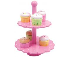 Etagere „Muffins“ aus bunt lackiertem Holz, mit sechs lecker aussehenden Küchlein und rosa Ständer, Muffins lassen sich individuell zusammensetzen, schöne Ergänzung zur Kinderküche oder zum Kaufladen
