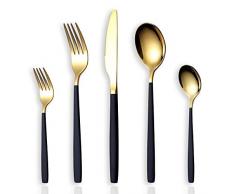 HOMQUEN 30-Stück Edelstahl Besteck Set,Set für 6 Personen, Spiegeln Sie Ende, Spülmaschinenfest (Goldener Löffel und Schwarzer Matt Griff)